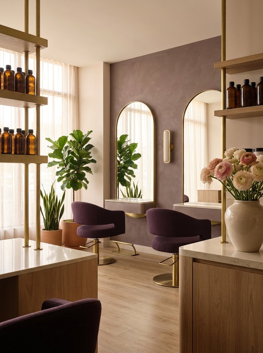 Lichte, elegante kapsalon met brass-spiegels, een plum-roze accentmuur en verse bloemen op de toonbank