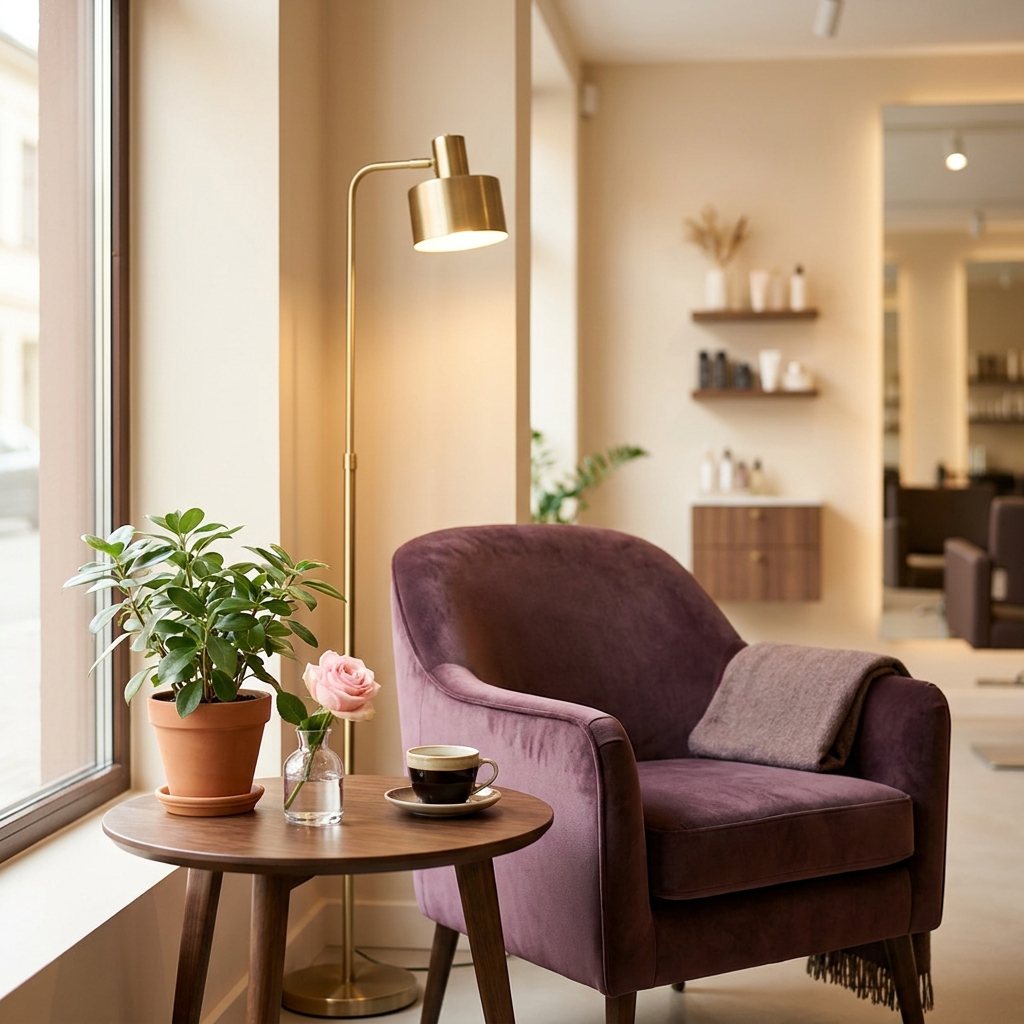 Gezellige wachthoek van de salon met een fluwelen stoel en een kopje koffie